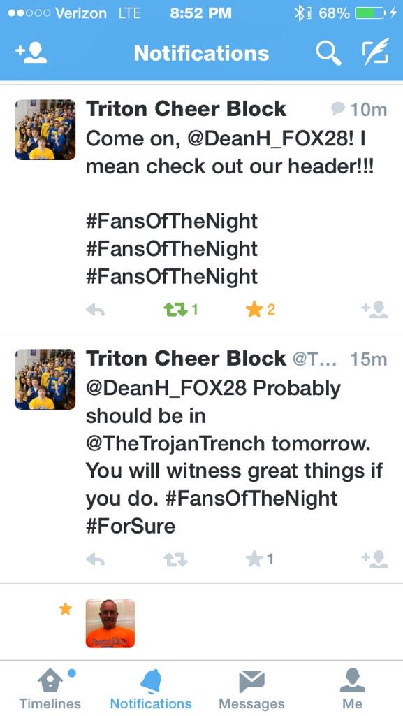 HuppertDean's tweet photo. @TheTrojanTrench called their shot!  They're telling all of Michiana that they will be "Fans of the Night". #fox28 http://t.co/m3IFJxJjYL