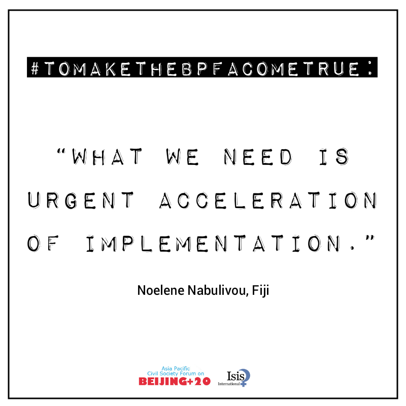 IsisIntl's tweet photo. #Feministwant: “What we need is urgent acceleration of implementation.” - Noelene Nabulivou, Fiji #Beijing20 @CSW59 http://t.co/1mI5NqQaI7
