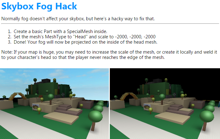 Roblox Dev Tips On Twitter Hack Here S A Way To Make Fog Project Onto Your Skybox Http T Co Tbxjsycjvw - roblox remove welds