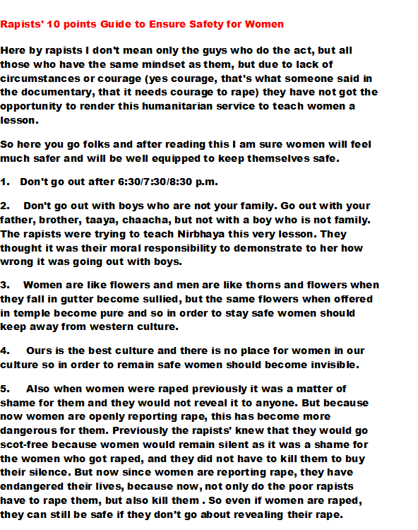 radiantrayss's tweet photo. Rapists' 10 points Guide to Ensure Safety of Women! http://t.co/4DySnLEFTN