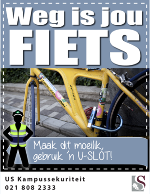 Wenk deur Kampussekuriteit: Sluit jou fiets met ’n u-slot aan die raam vas en gebruik waar moontlik fietshokke.