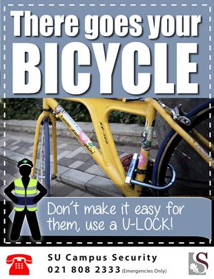 Campus Security tip: Place the U-lock around your bicycle frame and use the bike sheds where possible.