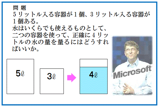 fonysoboqypy's tweet photo. 【ビルゲイツの試験問題】

5リットル入る容器が１つ、3リットル入る容器が１つある。
水はいくらでも使ってよい。
2つの容器を使って正確に4リットルの水を量るには？
答えは→http://t.co/jhjHjhn0Zj http://t.co/J598gaelTK