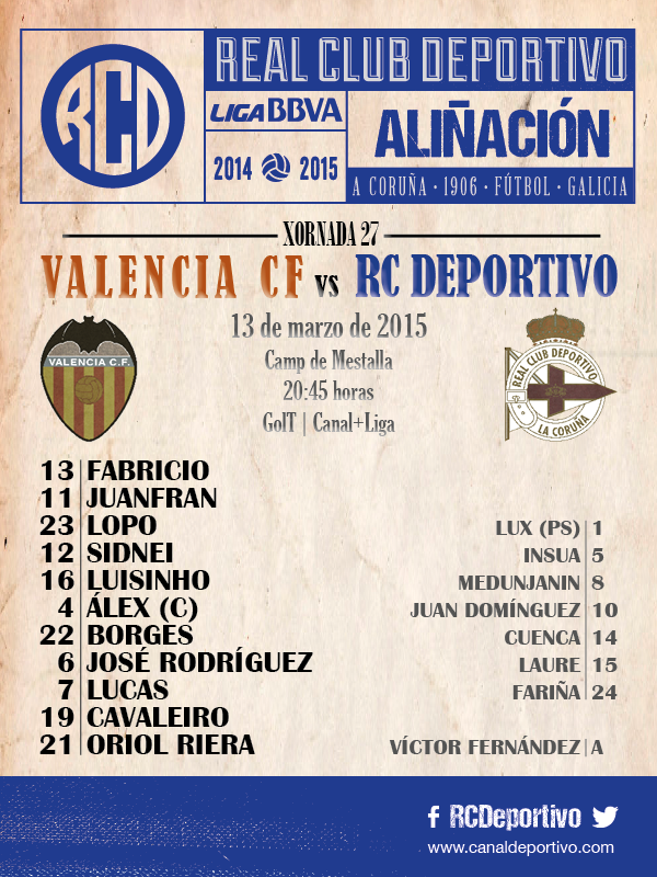 RCDeportivo's tweet photo. Aliñación inicial d #OSNOSOS na 27ª xornada de @LaLiga esta noite ás 20.45 h. en Mestalla ante o @valenciacf #DaleDÉ http://t.co/1wbjz8rafL