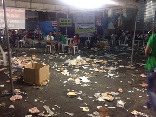 ANCALERTS's tweet image. Trash left by Binay supporters at Makati City Hall grounds. (Photo via @zhandercayabyab)