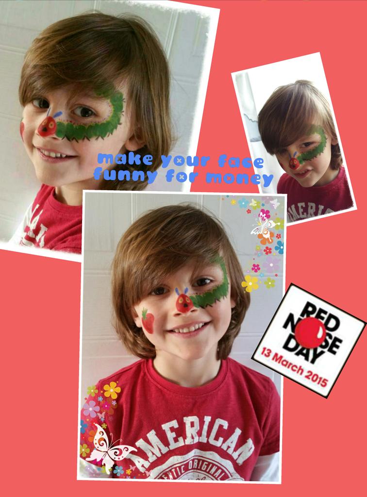 PhoebeRACDA's tweet photo. #RedNoseDay2015  #makeyourfacefunnyformoney Jacob ready for the big fundraiser at Felsted Primary today 🐛🍓🍉🍒🍎🍃💷☺ http://t.co/eejMgO6dDV
