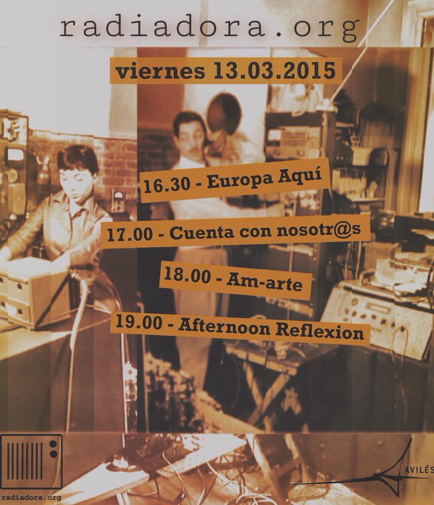 Empezamos enseguida!
16.30 - Europa aquí
17.00 - Cuenta Con Nosotr@s
18.00 - Am-arte
19.00 - Afternoon Reflexion