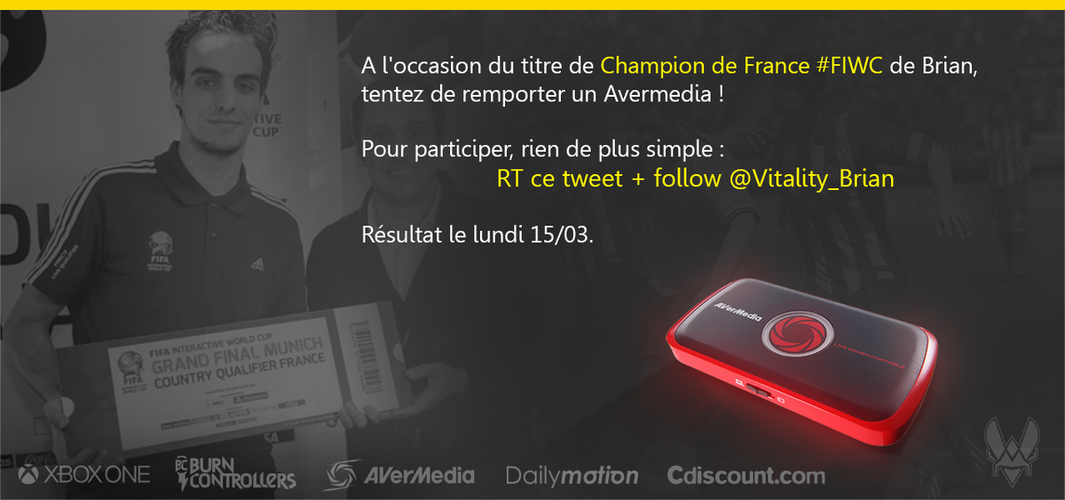 TeamVitality's tweet image. Pour fêter le titre de Champion de France #FIWC de @Vitality_Brian, @Cdiscount vous propose un Concours AverMedia #RT
