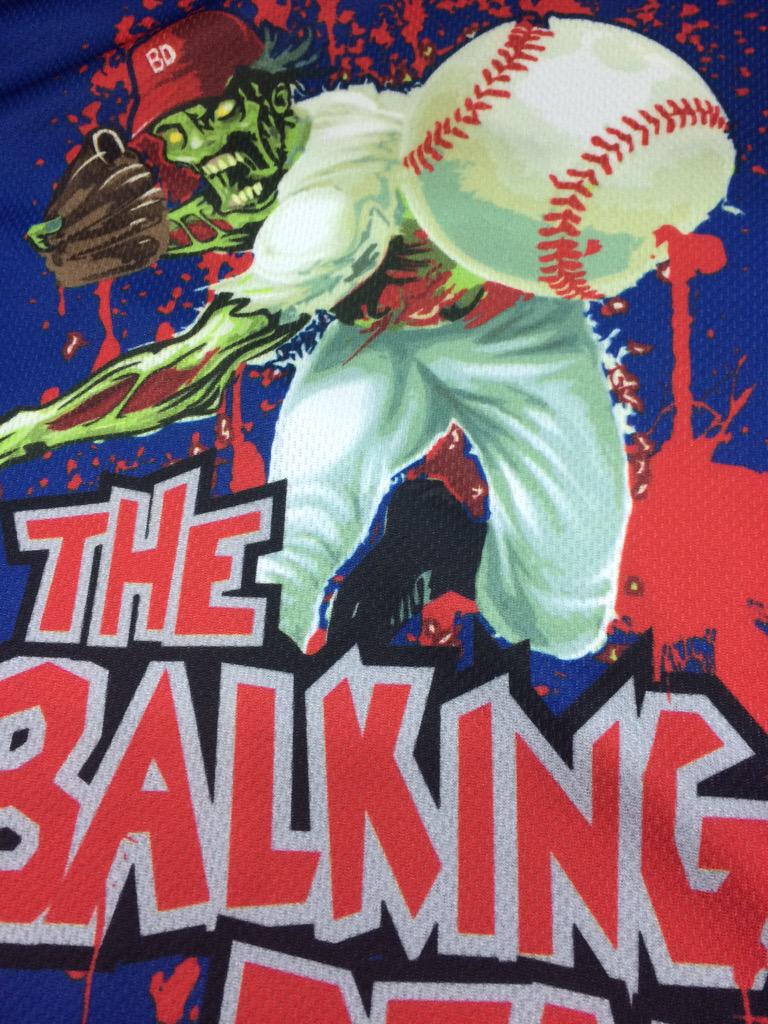SourceTeamworks's tweet photo. Our bloodiest jerseys yet. In tribute to @TheWalkingDead comes - The Balking Dead #zombiebaseball http://t.co/NSDXd7LxZo