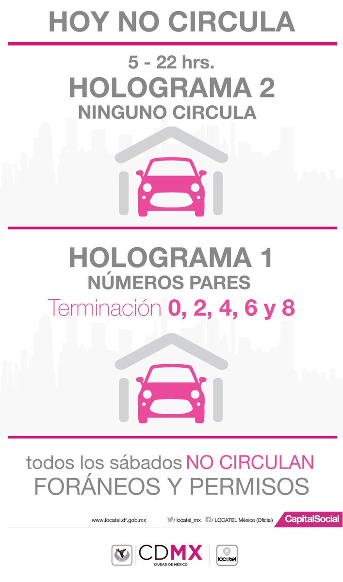 locatel_mx's tweet photo. #HoyNoCircula para este sábado: Vehículos con holograma 2, foráneos, permisos y holograma 1 terminación PAR. http://t.co/B6VSxo6zUd
