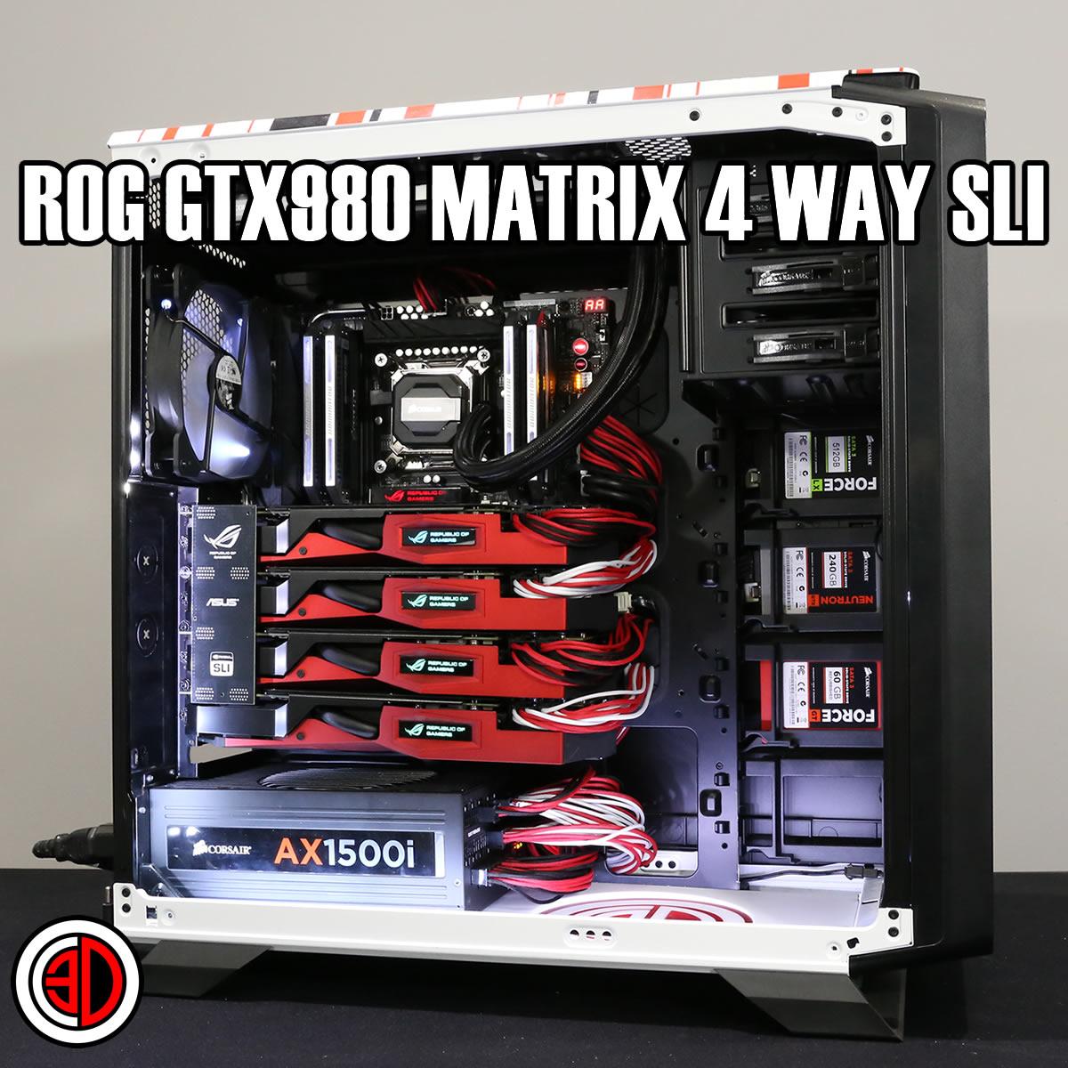ASUS_ROGUK's tweet photo. Anyone wondering about four-way SLI GTX 980? Well, TTL @OC3D just did it. And yep, it's crazy http://t.co/4QULNWf193 http://t.co/UB6jxk7Thu