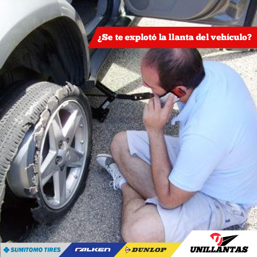 ¿Se te explotó la llanta? En Unillantas te brindamos la solución en llantas Dunlop, Falken y Sumitomo.