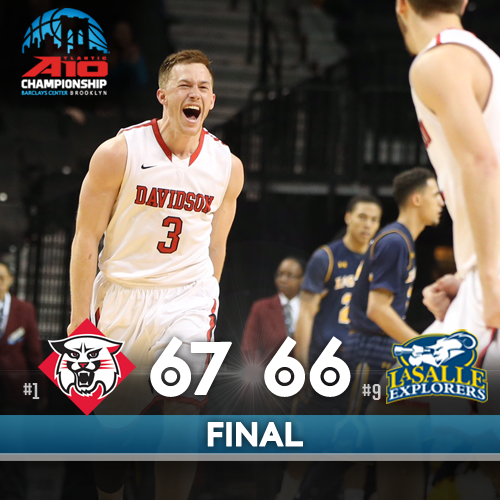 atlantic10's tweet photo. What a game! Buzzer beater lifts Davidson to first #A10MBB Championship win http://t.co/JXNDoYPrUH