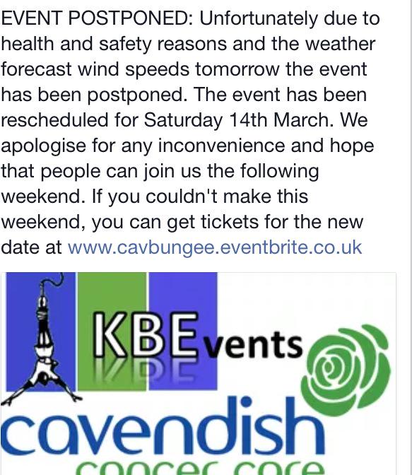 CavBungee's tweet photo. *EVENT POSTPONED* CavBungee would like to apologise and hopes you can join us 14th March! @CavCancerCare @Champs_S6 http://t.co/yDAdLFugCY