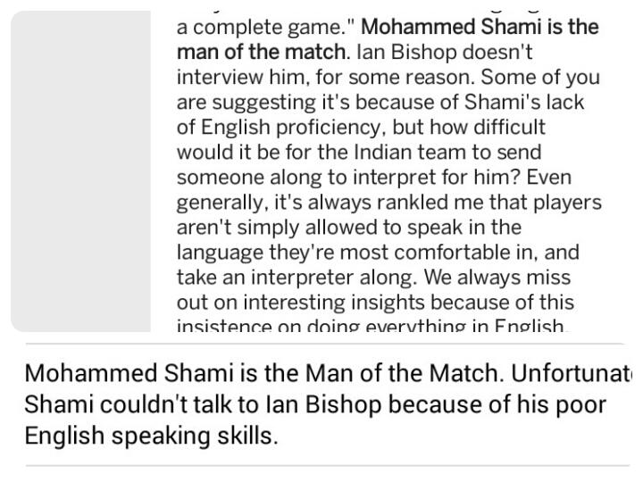 anuthinan's tweet photo. "@ThatOldDelhiGuy: just humiliated a guy for his lack of English speaking skill. Cricinfo kept it classy. #IndVsWI http://t.co/oE3MxTTBVz"