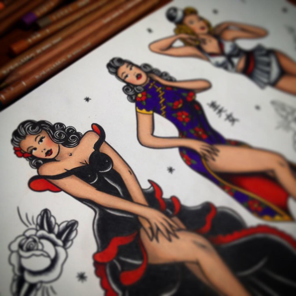 Racheymon's tweet photo. Sexy ladies progress 😘 #tattoo #tattooapprentice #pinups #flashsheet #oldschool http://t.co/OePQHnSiEW