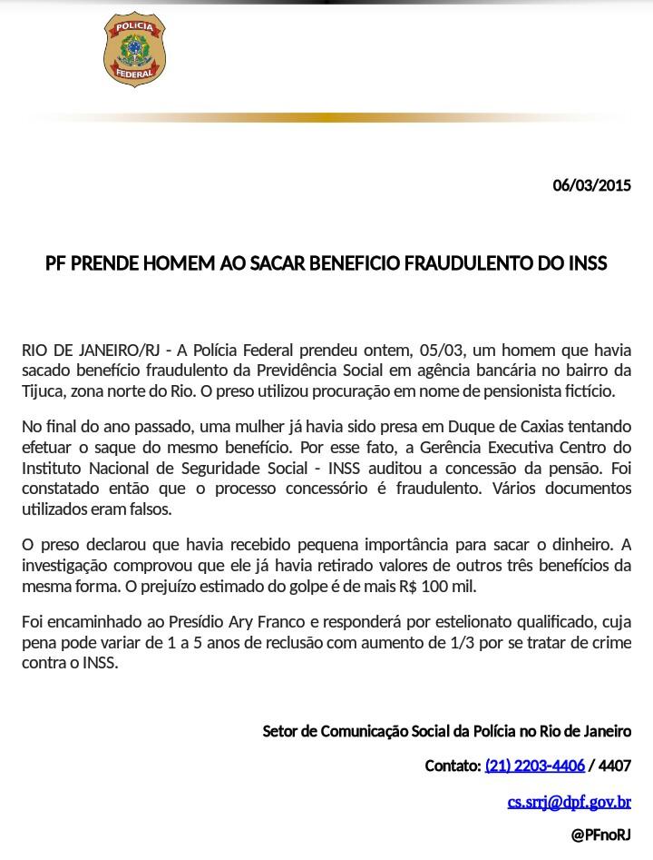 PFnoRJ's tweet photo. PF PRENDE HOMEM AO SACAR BENEFÍCIO DO INSS http://t.co/JliikeiImL