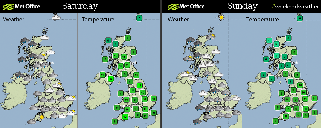 metoffice's tweet photo. Got that Friday feeling? Here's a snapshot of your #weekendweather. More detail at http://t.co/36Y16u9Qet http://t.co/hfrkrhyRpB