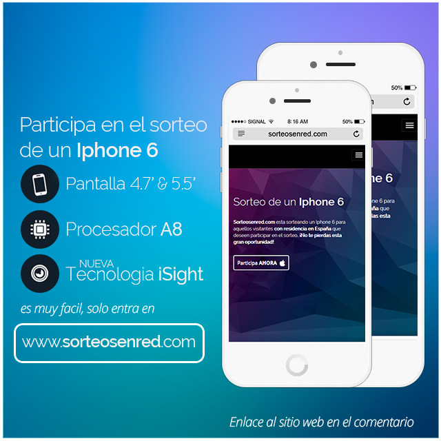 iphone_6_sorteo's tweet photo. Participa en el sorteo de un Iphone 6. Haz RT, inscríbete en nuestra web y prepárate para conseguir uno. ¡Entra ya! http://t.co/lXeUS00FsG
