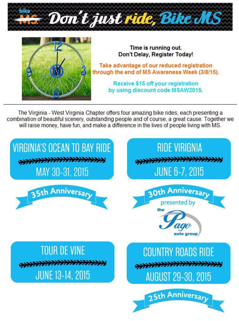 MS AWARENESS WEEK BIKE SPECIAL! Register today for a special discount! #MSAwareness #ms #bikeMS #msaw <a href="/NMSSVAWV/">Virginia-W.Virginia</a>
