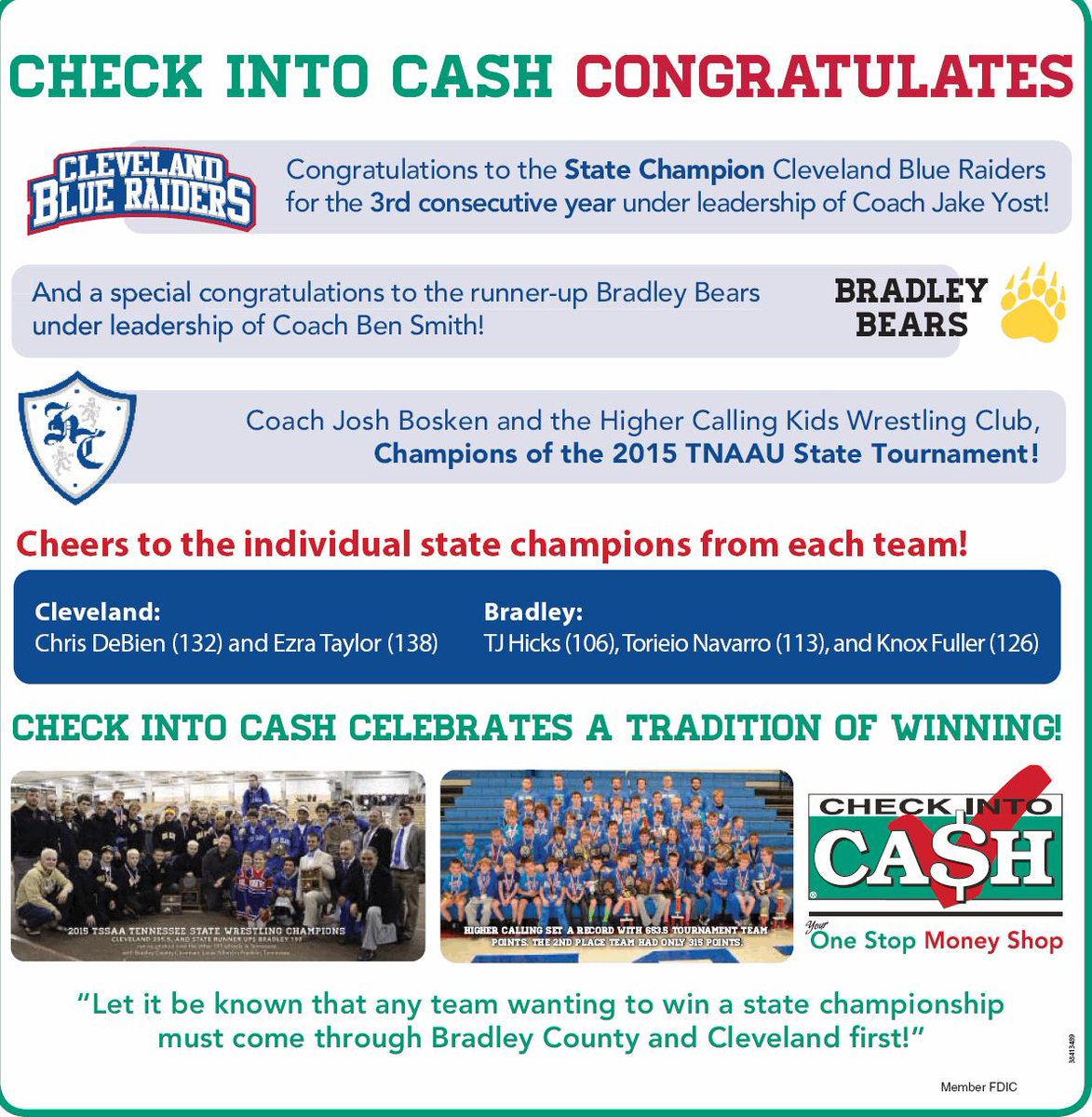 WOW! #Cleveland High &amp; @HigherCallingWC both win state titles! Great #CHA <a href="/TimesFreePress/">Times Free Press</a> ad! bit.ly/1EvscPM