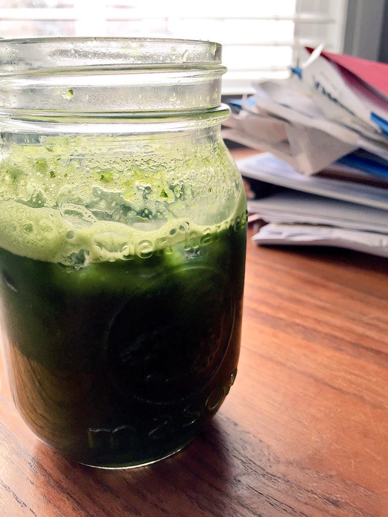 The juice of fresh #reclaimfarm peashoots is fueling my paperwork this morning!   #damnthatsgreen #yearroundharvest