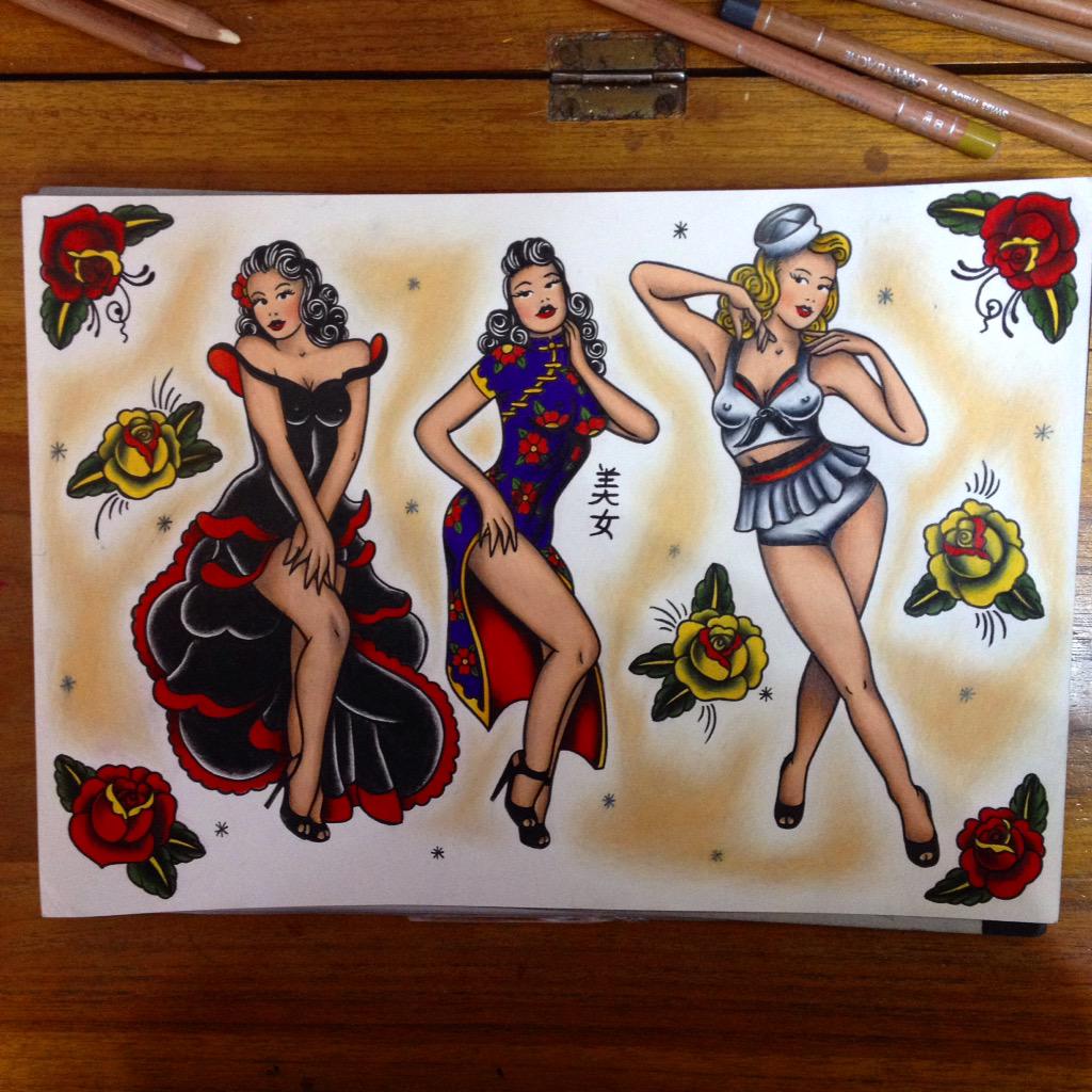 Racheymon's tweet photo. Hola, Nín hǎo, Hello. Pin up flash sheet! #oldschool #tattooapprentice #tattoo http://t.co/d6ctEedTWh