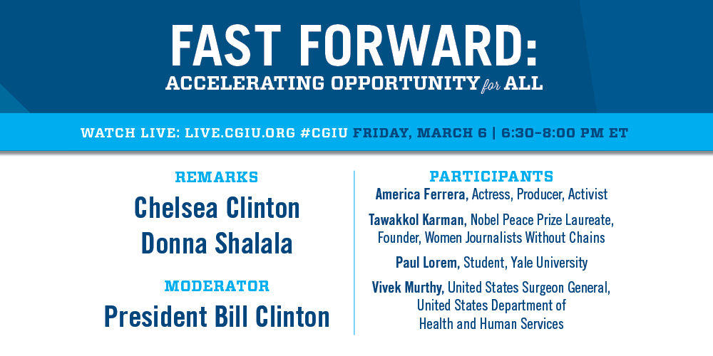 ClintonFdn's tweet photo. Watch Live: The Opening Plenary of #CGIU tonight at 6:30 PM ET here: http://t.co/gV5M64wixB http://t.co/jESO0SZ9jC