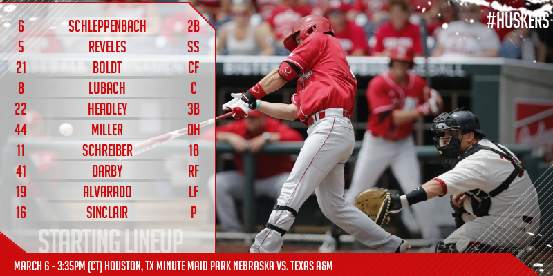 HuskerBaseball's tweet photo. #Huskers and #14 Texas A&amp;M face off today at the Houston College Classic at 3:35 p.m.

#GoHuskersCC http://t.co/xux3KzzVGq