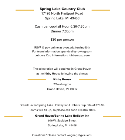 gvrowingalum's tweet photo. Mark your calendars for the GVSU Rowing 50th Anniversary Celebration April 11th at the Spring Lake Country Club!! http://t.co/AuF5ZOLUnt