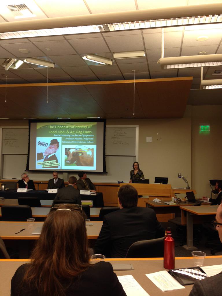 Next up is Nicole Negowetti from <a href="/ValparaisoLaw/">Michael K</a> speaking about Veggie Ag-Gag Laws at #SUFoodLaw <a href="/seattleulaw/">Seattle U Law School</a>