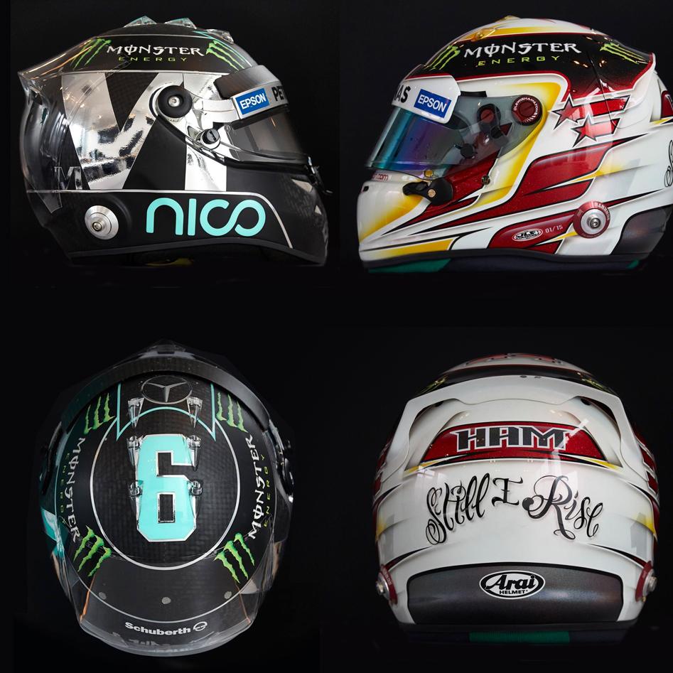 MonsterEnergy's tweet photo. Check it out.. @nico_rosberg &amp; @LewisHamilton recently revealed their 2015 @F1 helmet designs! Which one is your fav? http://t.co/qxKyXOetYz