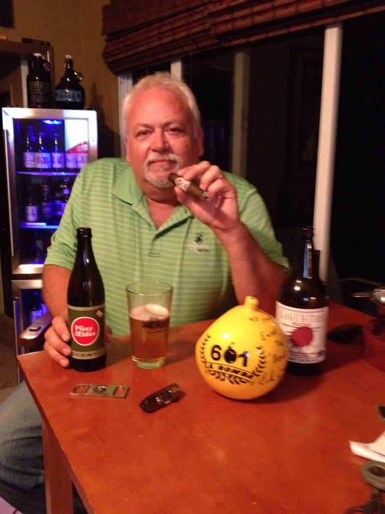 Enjoying an Espinosa Maduro with my last Pliny the Elder, lead off by a Laranja and a Lagunitas Sucks!