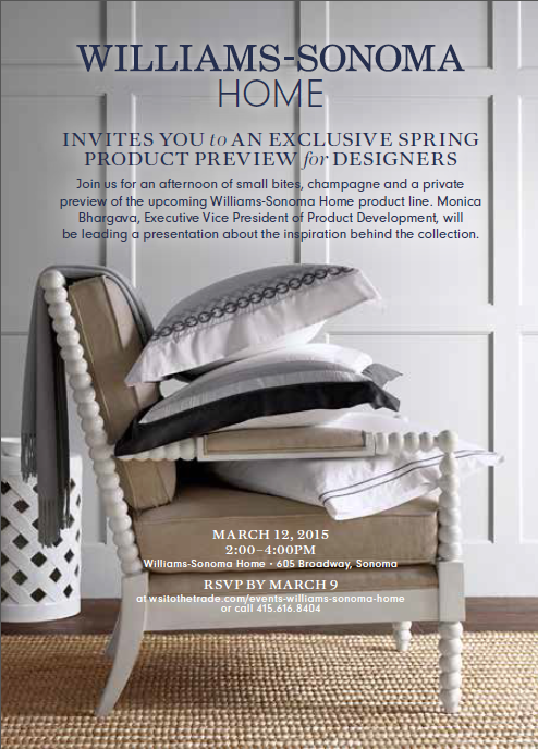 WStradecontract's tweet photo. Designers! Join us on 3/12 for a preview of the Williams-Sonoma Home product line. RSVP at http://t.co/5Xl8azAm8m http://t.co/BkAYhB9sXo