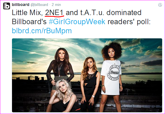 Villanellelove's tweet photo. Congratulation Queens👑 #2NE1👏👏
rRT @billboard:Little Mix, 2NE1 and t.A.T.u. dominated Billboard's #GirlGroupWeek . http://t.co/BZmMlolvy4