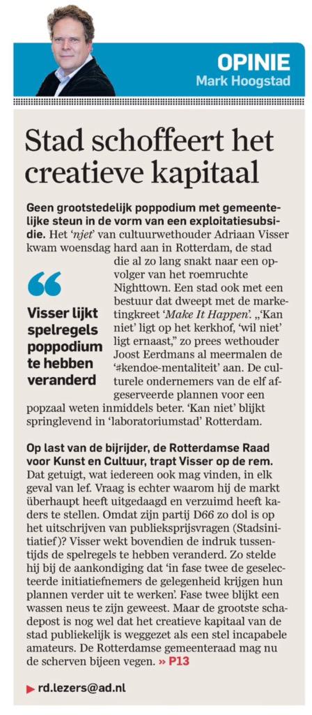 MaartenHHoog's tweet photo. Over de klucht genaamd #poppodium #rotterdam. Opinie vandaag in @RDStad #kendoe #njet http://t.co/RyConEZ85m