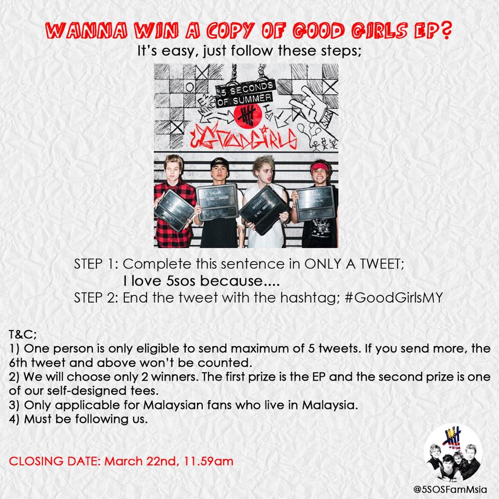 5SOSFamMsia's tweet photo. Wanna win a copy of Good Girls EP? Follow these 2 steps π #GoodGirlsEP #vote5sos #KCA http://t.co/PmPvKqMEDO
