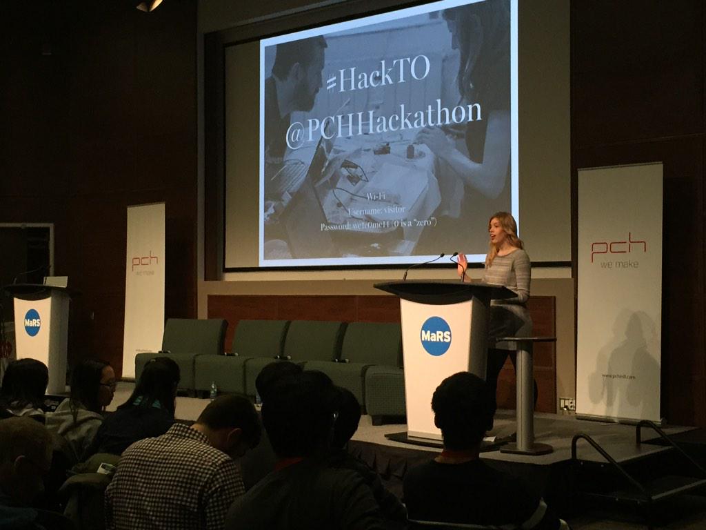 KatherineHomuth's tweet image. Me kicking off the @PCHHackathon last night! Can&apos;t wait for day 2! #hackTO