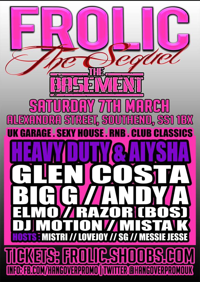 #RT #FROLIC TONIGHT AT BASEMENT SOUTHEND <a href="/RAZOR_YKMS/">RAZOR</a> <a href="/GlenCosta/">Glen Costa</a> <a href="/DJBigG_/">Gavin Dawson</a> <a href="/DJAndy_A/">Andy A</a> <a href="/mc_messie/">Messie Jesse mc</a> @SGMAN_87  AND MORE.