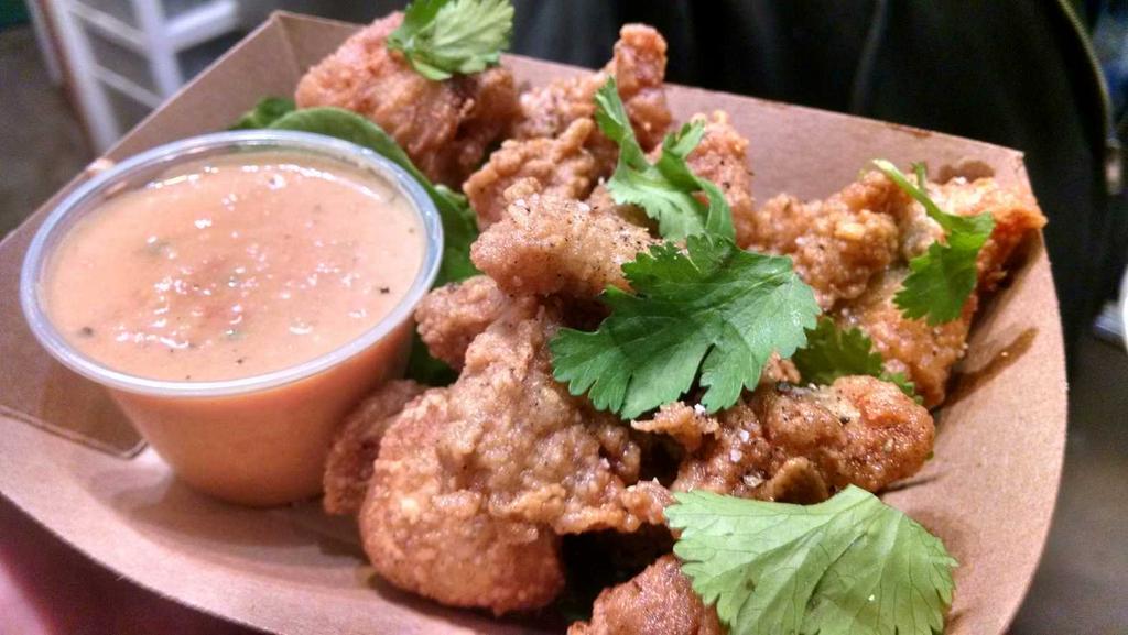 tonight! our 'Catfish Adobo', slowly marinated in an herbal vinaigrette, fried, and served with Spanish salmorejo!