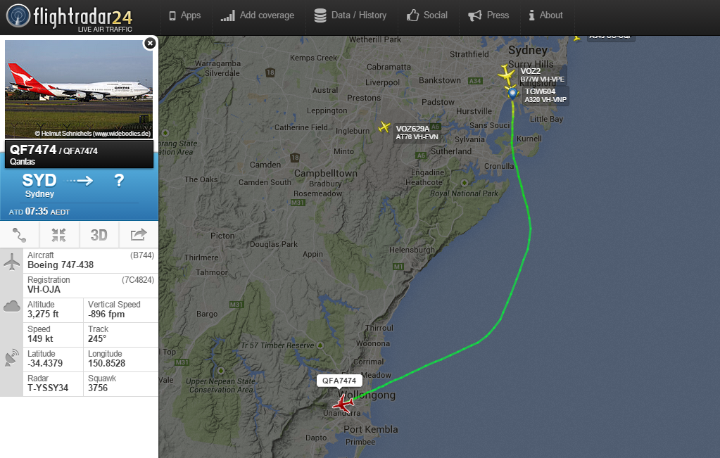 flightradar24's tweet photo. Qantas B747 making historic and last flight. Landing on at the small Illawarra Regional Airpo. http://t.co/nPcGDA5qNO http://t.co/rUEpPIdQoS