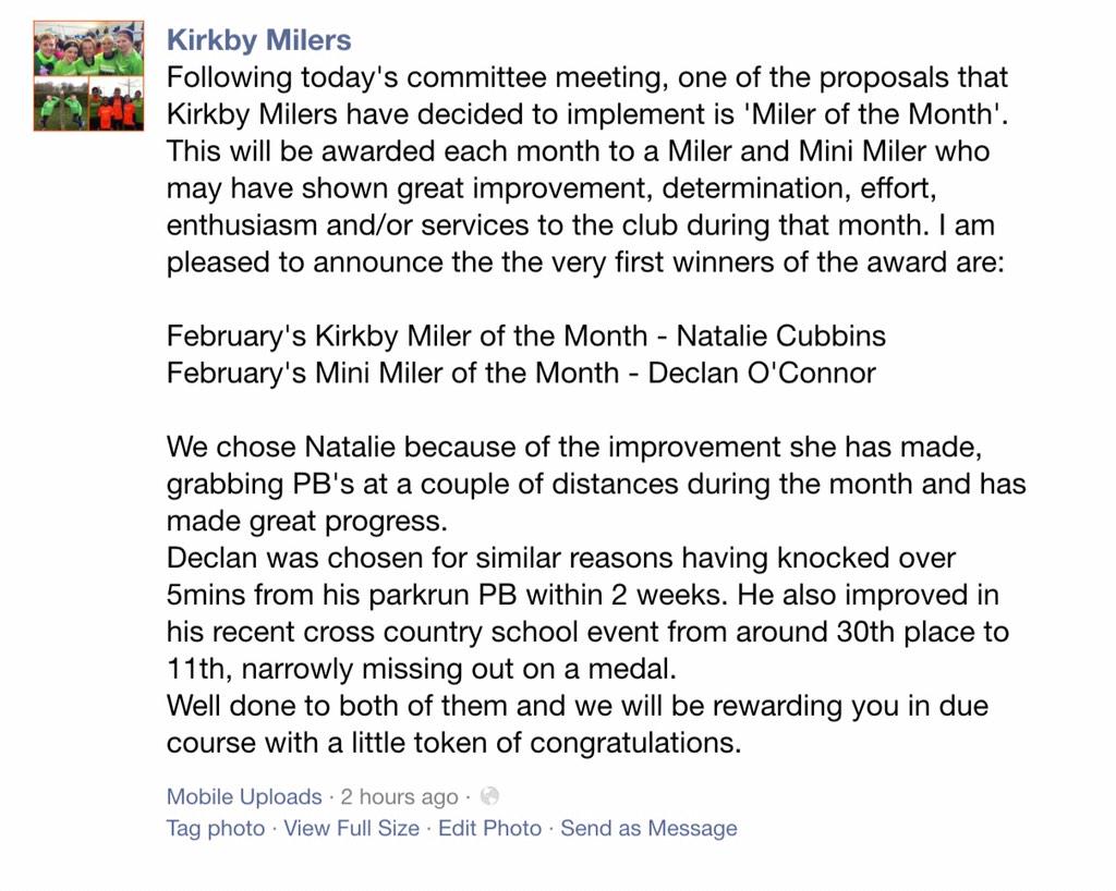 kirkbymilers's tweet photo. Our announcement for 'Milers of the Month' #run2015 #winners http://t.co/pi3Bj48ksk