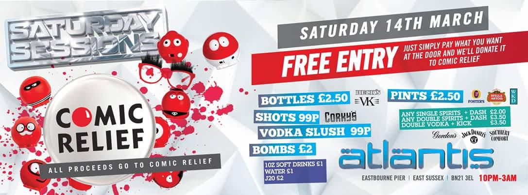 TemptationEB's tweet image. Saturday 14th March Temptation Saturdays host Comic Relief @AtlantisUK with @DJColinRussell #ComicRelief #Eastbourne