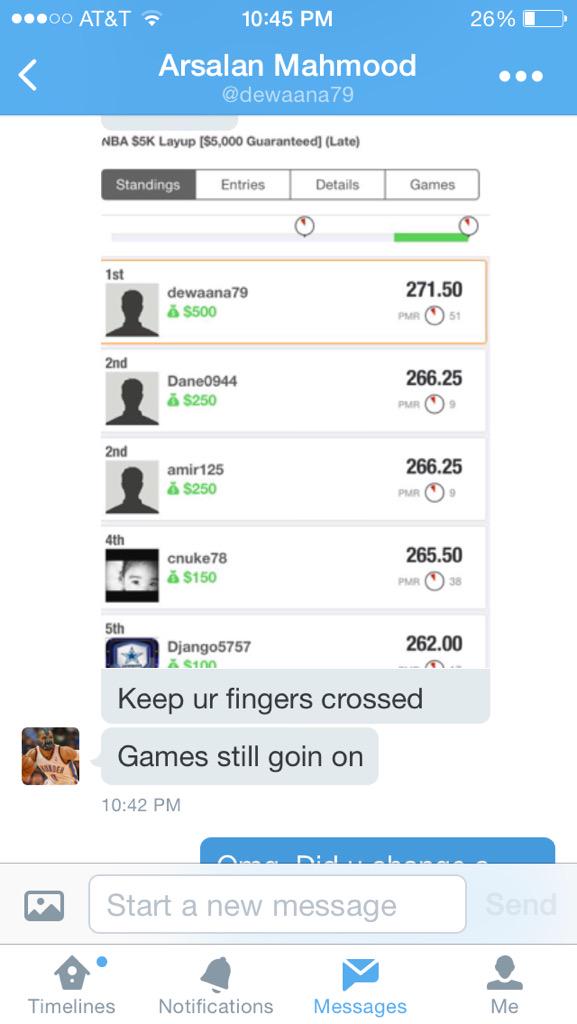draftkingsteams's tweet photo. Contest winner from earlier today winning $500 dollars with my lineup I have him for late night!! Wow http://t.co/BDsSj0zEdj
