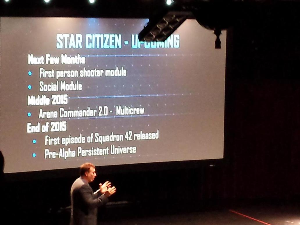 Greg_Heier's tweet photo. Chris Roberts presents the roadmap for #StarCitizen at #CIGBoston. v1.1 releasing Tues, FPS module in a few weeks! http://t.co/3dOimCN7vo