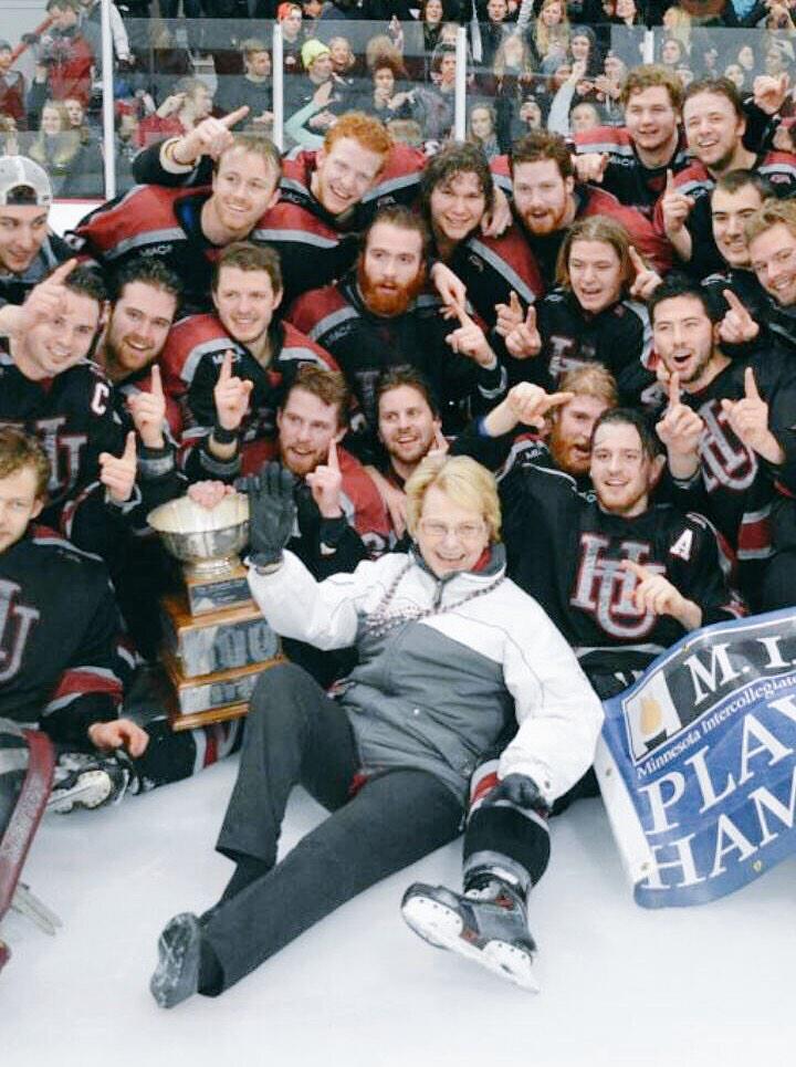 HamlineHockey's tweet photo. Just 2 wins a season ago, now MIAC champs #cawledgehawkey #startedfromthebottom @Buccigross http://t.co/AHzkyNquwN
