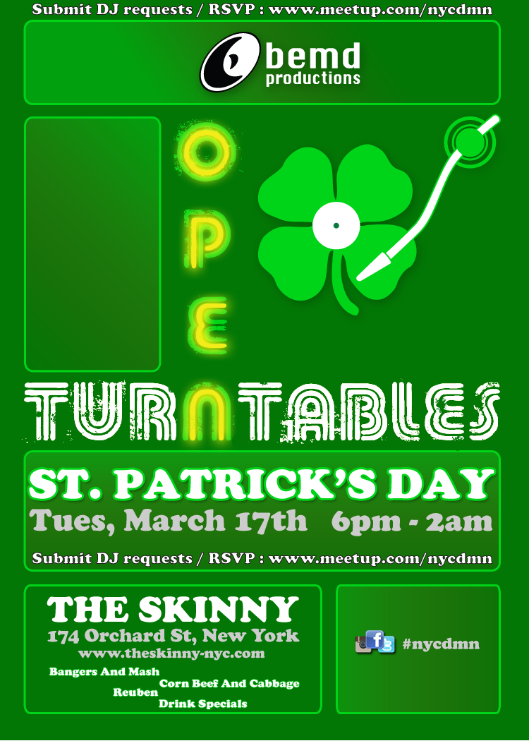 nycdmn's tweet photo. St. Patrick's Day + Open Turntables = Beer (Green Remix), Bangers &amp; "Mash-Up" Potatoes!! http://t.co/GE3KMrItHK