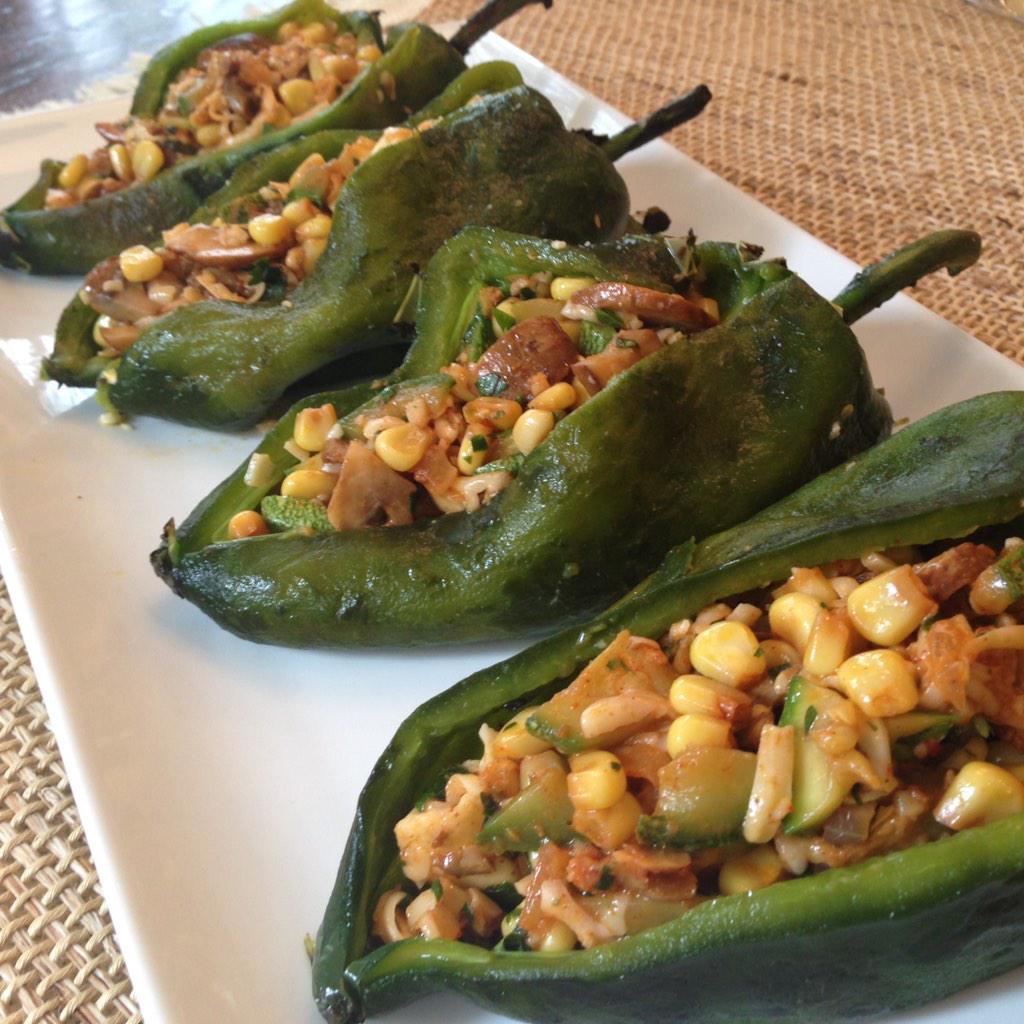JuliesTaste's tweet photo. Poblano Rellenos stuffed with zucchini,corn,onions,mushrooms and cilantro #mexicanfood http://t.co/wB3GKVY434