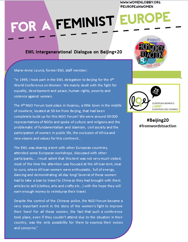 EuropeanWomen's tweet image. EWL intergenerational dialogue on #Beijing20: Marie-Anne was in Beijing in 1995! #fromwordstoaction @UN_Women @UN_CSW