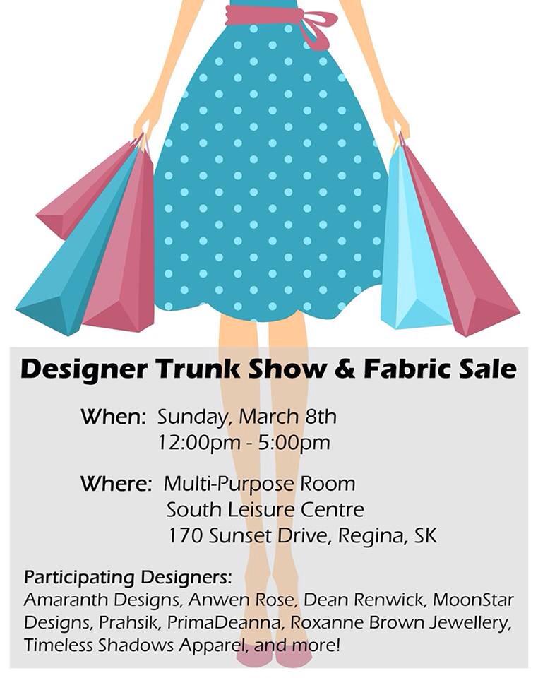 SKFashionWeek's tweet photo. DESIGNER TRUNK SHOW &amp; FABRIC SALE. Find rare fabrics &amp; locally designed garments. 
TODAY | noon-5 p.m.
#SKFWK http://t.co/ipTaclPmO7